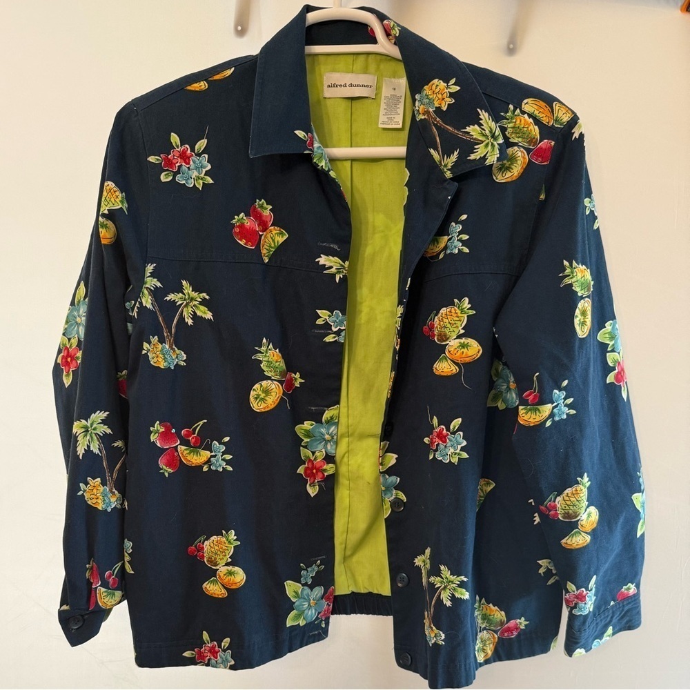 ALFRED DUNNER TROPICAL FRUIT FLORAL NAVY JACKET SIZE 18 - Picture 1 of 8